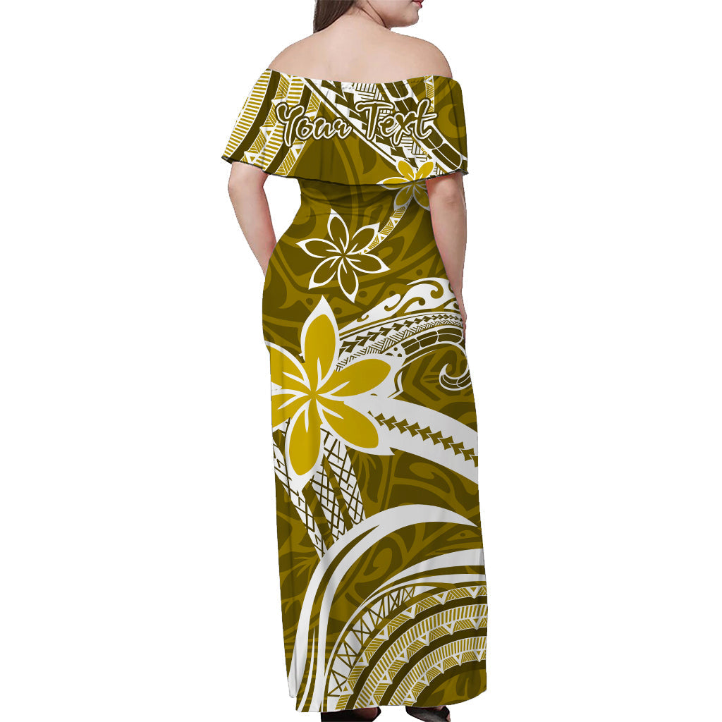 Custom Personalised Hawaii Flowers Wave Off Shoulder Long Dress Kanaka Maoli Gold Polynesian