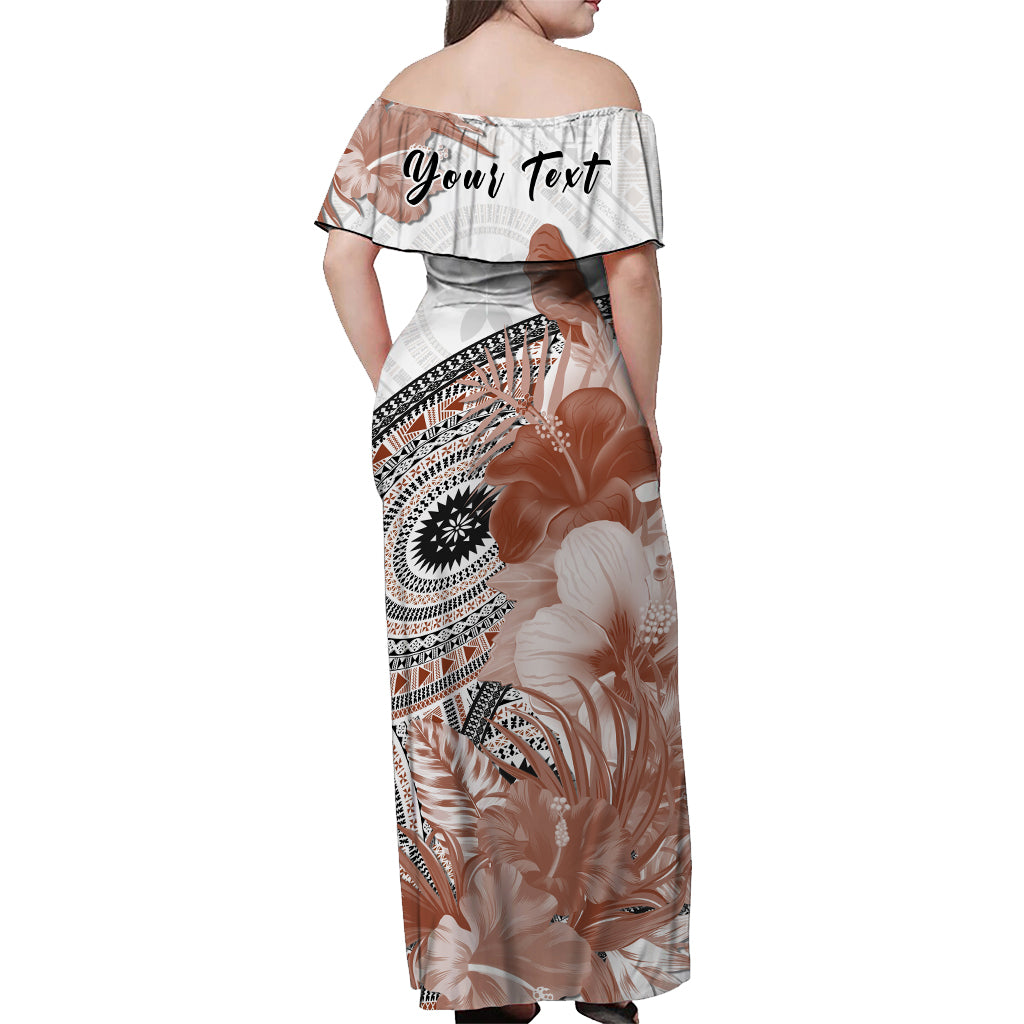 Custom Personalised Fiji Tapa Off Shoulder Long Dress White Fijian Masi Be Loved Hibiscus