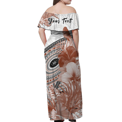 Custom Personalised Fiji Tapa Off Shoulder Long Dress White Fijian Masi Be Loved Hibiscus