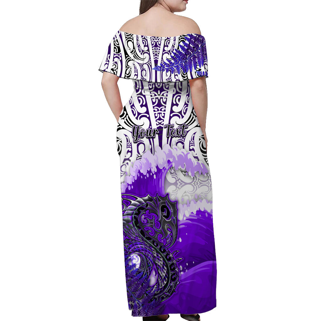 Custom Personalised Manaia Maori Off Shoulder Long Dress Fern Aotearoa Purple Waves