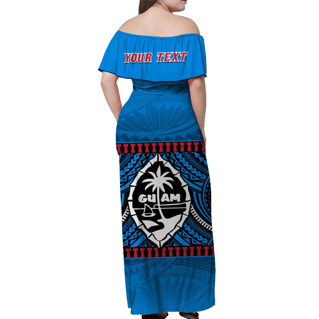 Custom Personalised Guam Chamorro Off Shoulder Long Dress Latte Stone Blue Polynesian Haligi