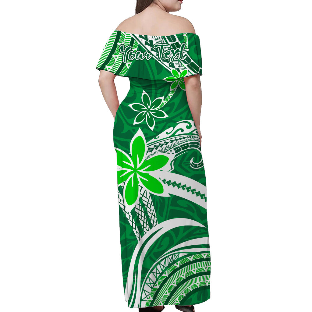 Custom Personalised Hawaii Flowers Wave Off Shoulder Long Dress Kanaka Maoli Green Polynesian