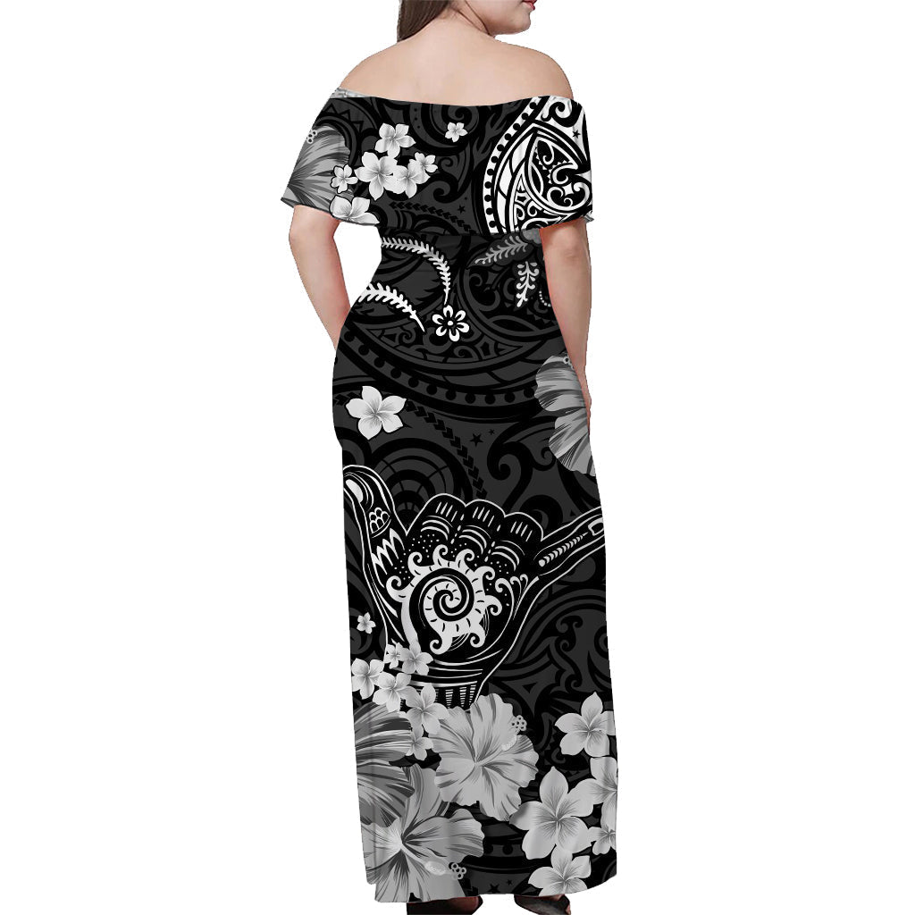 Hawaii Off Shoulder Long Dress Polynesia Black Cool Shaka Sign