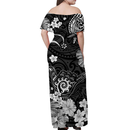 Hawaii Off Shoulder Long Dress Polynesia Black Cool Shaka Sign