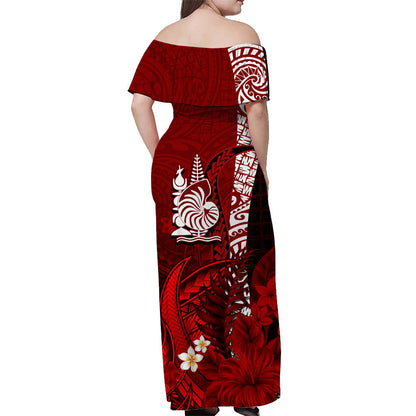 Custom Personalised New Caledonia Off Shoulder Long Dress Nautilus Red Polynesian Hibiscus