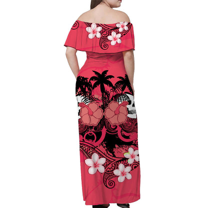 Hawaii Skull Off Shoulder Long Dress Mysterious Polynesia and Pink Flowers