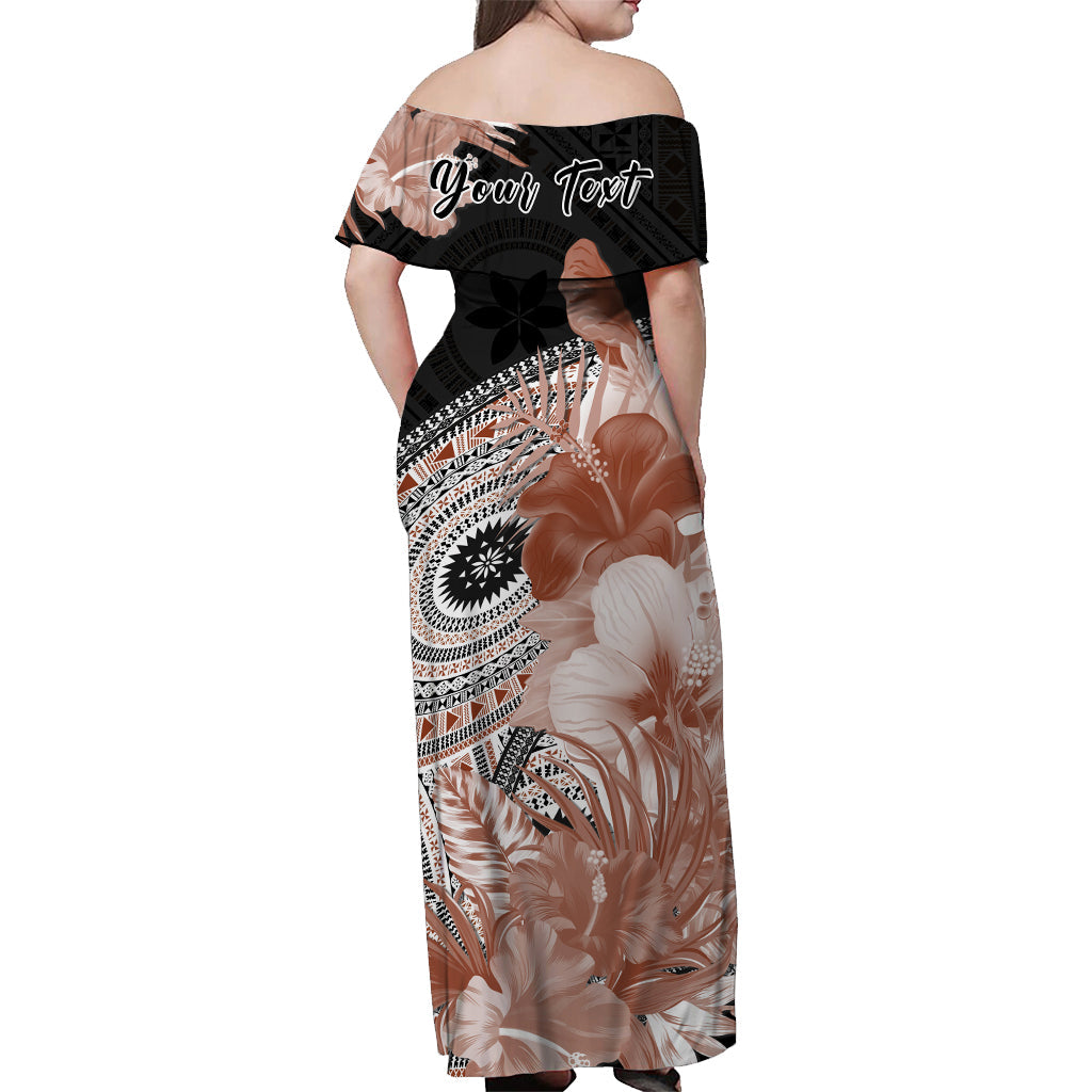Custom Personalised Fiji Tapa Off Shoulder Long Dress Black Fijian Masi Be Loved Hibiscus