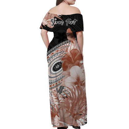 Custom Personalised Fiji Tapa Off Shoulder Long Dress Black Fijian Masi Be Loved Hibiscus