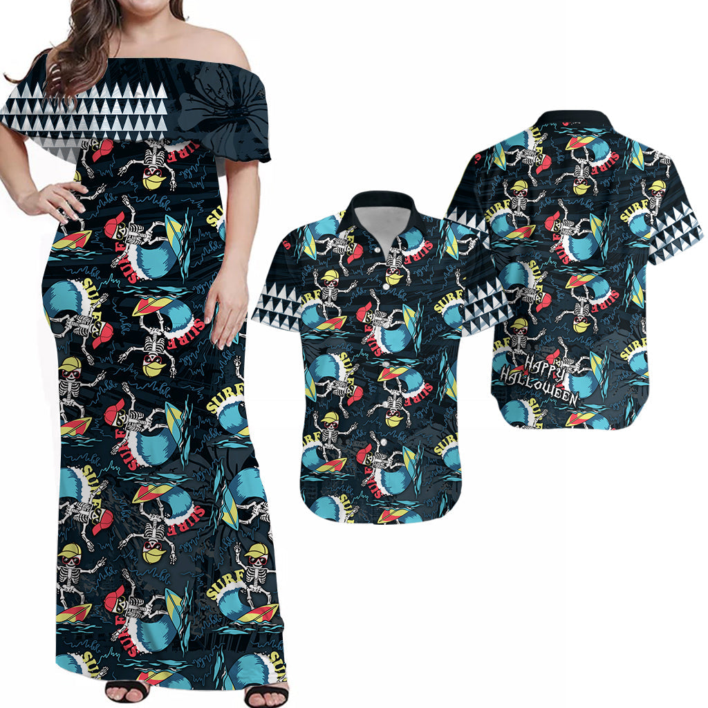 Matching Hawaiian Outfits For Couples Hawaii Skeleton Surf Combo Dress and Hawaiian Shirt Halloween Hawaiian Tribal