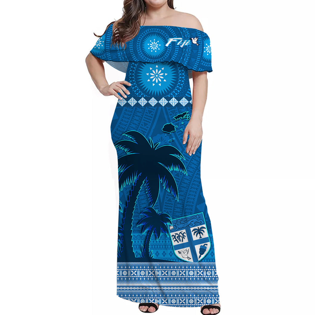 Bula Fiji Off Shoulder Long Dress Fijian Tapa with Palm Tree