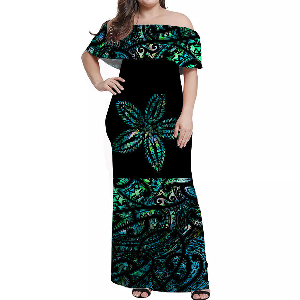 New Zealand Off Shoulder Long Dress Maori Paua Shell Ver.02
