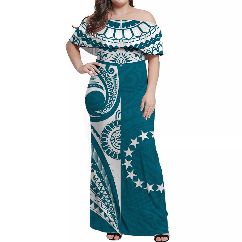 Cook Islands Tatau Off Shoulder Long Dress Symbolize Passion Stars Version Blue