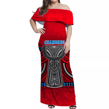 Custom Personalised Guam Chamorro Off Shoulder Long Dress Latte Stone Red Polynesian Haligi