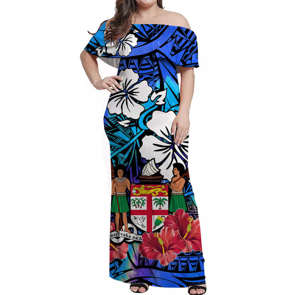Fiji Tie Dye Off Shoulder Long Dress Polynesian Blue Tribal Creative Tropical Flowers