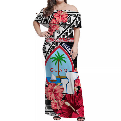 Guam Chamorro Off Shoulder Long Dress Happy Liberation Day Latte Stone Version Black