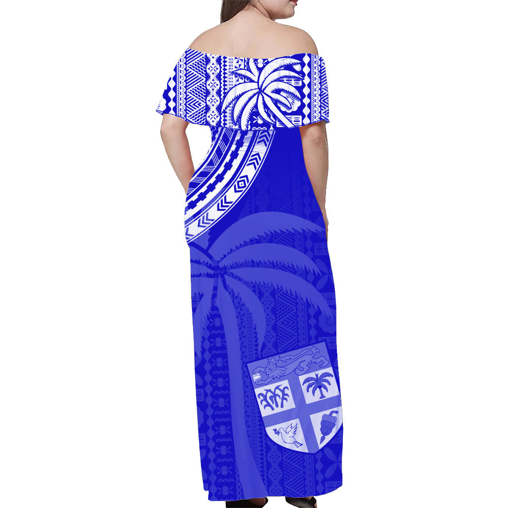 Fiji Rugby Sevens Off Shoulder Long Dress Fijian 7s Tapa Polynesian Blue Ver.02