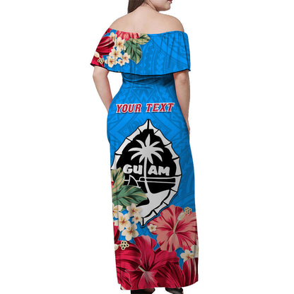 Custom Personalised Guam Chamorro Off Shoulder Long Dress Latte Stone Flowers Style Blue