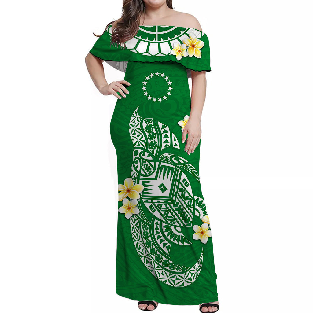 Cook Islands Tatau Off Shoulder Long Dress Symbolize Passion Stars Polynesian Turtle Green