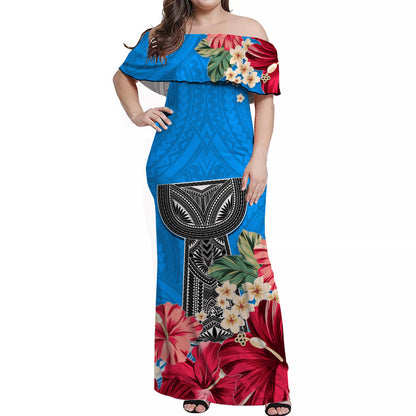 Custom Personalised Guam Chamorro Off Shoulder Long Dress Latte Stone Flowers Style Blue