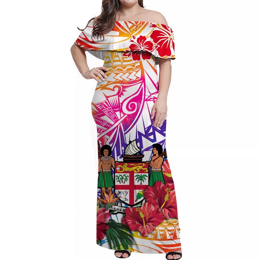 Fiji Tie Dye Off Shoulder Long Dress Polynesian Special Tribal Creative Tropical Flowers Ver.04