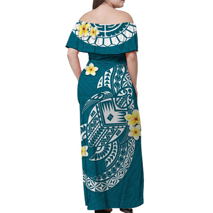 Cook Islands Tatau Off Shoulder Long Dress Symbolize Passion Stars Polynesian Turtle Blue
