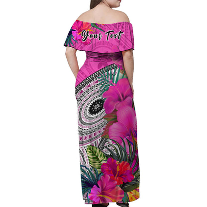 Custom Personalised Fiji Tapa Off Shoulder Long Dress Pink Fijian Masi Be Loved Hibiscus