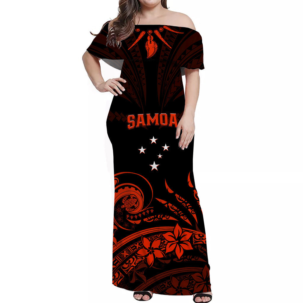 Custom Personalised Samoa Tatau Off Shoulder Long Dress Red Polynesian Ula Nifo