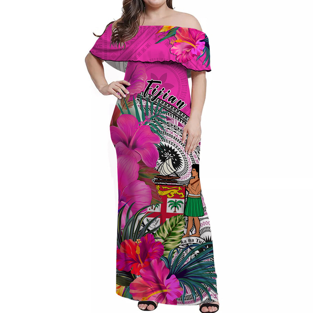 Custom Personalised Fiji Tapa Off Shoulder Long Dress Pink Fijian Masi Be Loved Hibiscus
