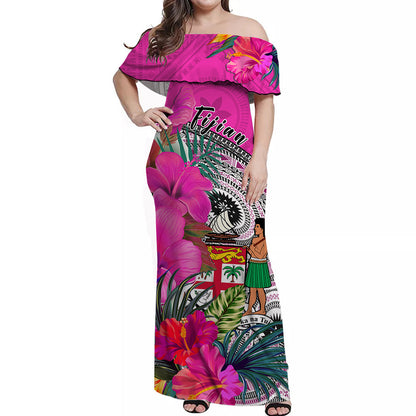 Custom Personalised Fiji Tapa Off Shoulder Long Dress Pink Fijian Masi Be Loved Hibiscus