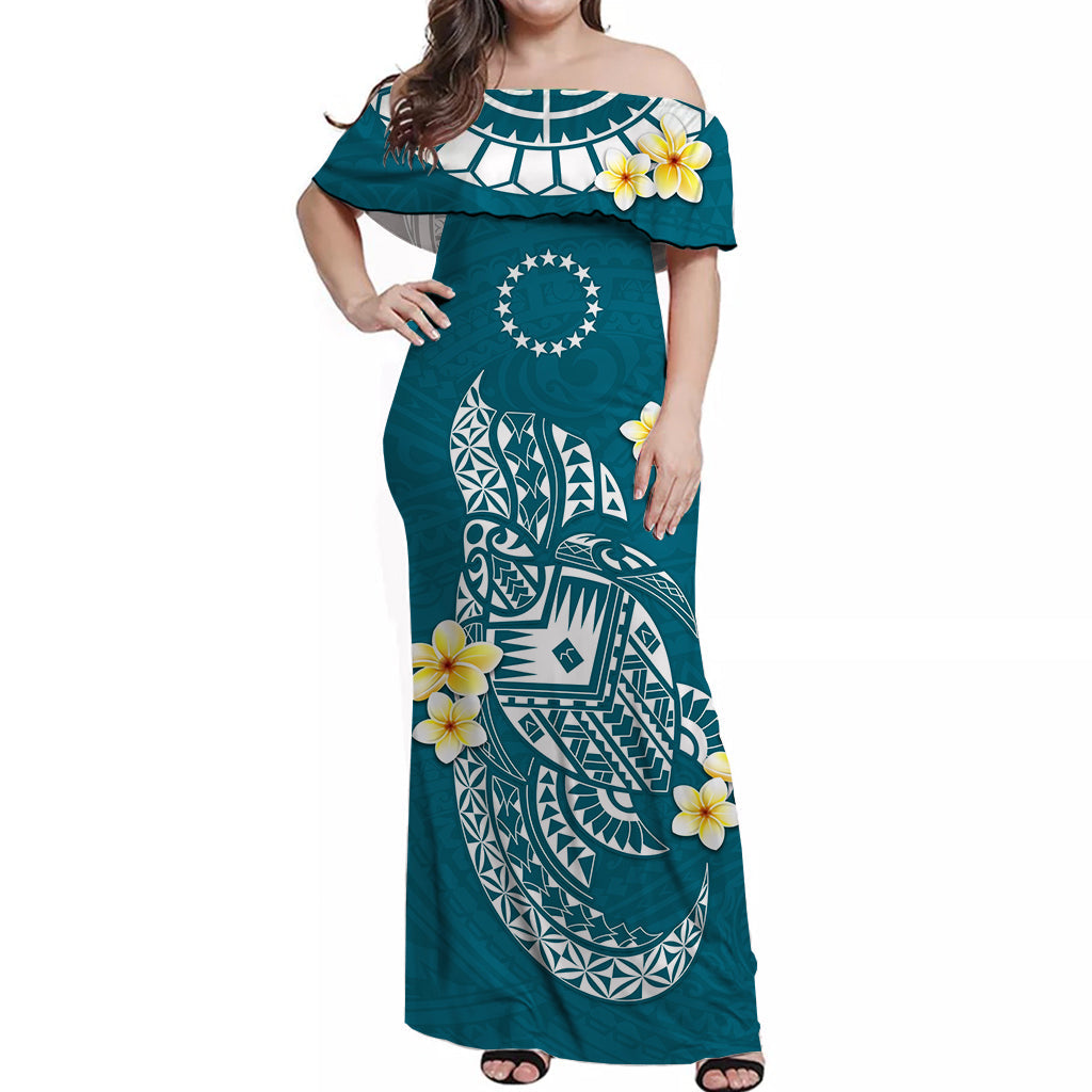 Cook Islands Tatau Off Shoulder Long Dress Symbolize Passion Stars Polynesian Turtle Blue
