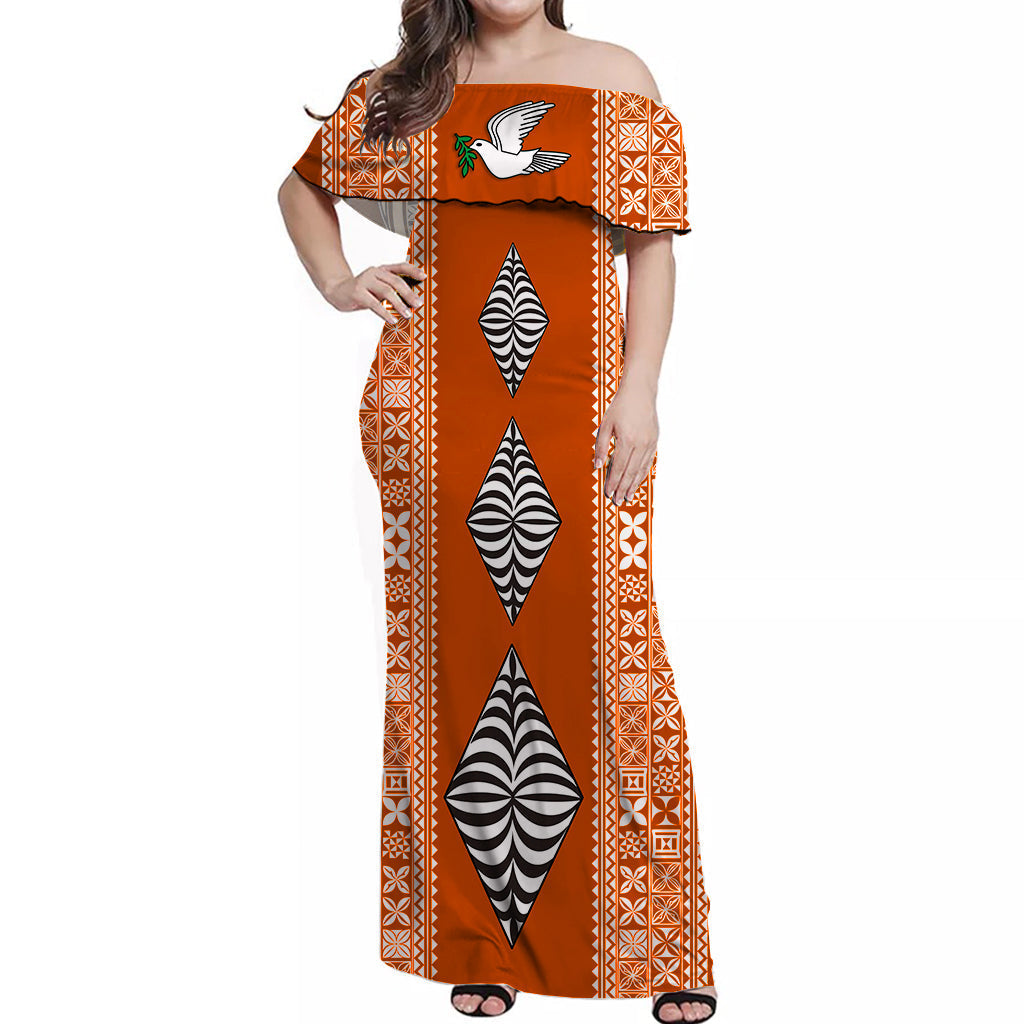Tonga Rugby Off Shoulder Long Dress Mate Ma'a Tonga Version Orange
