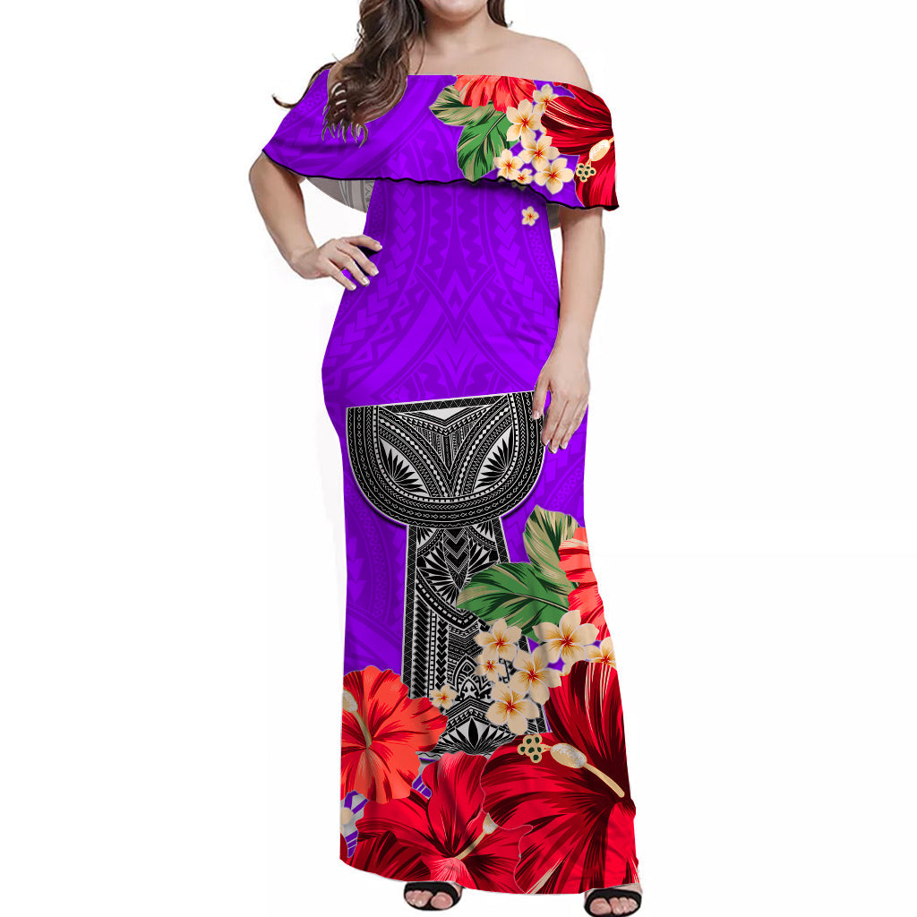 Custom Personalised Guam Chamorro Off Shoulder Long Dress Latte Stone Flowers Style Purple