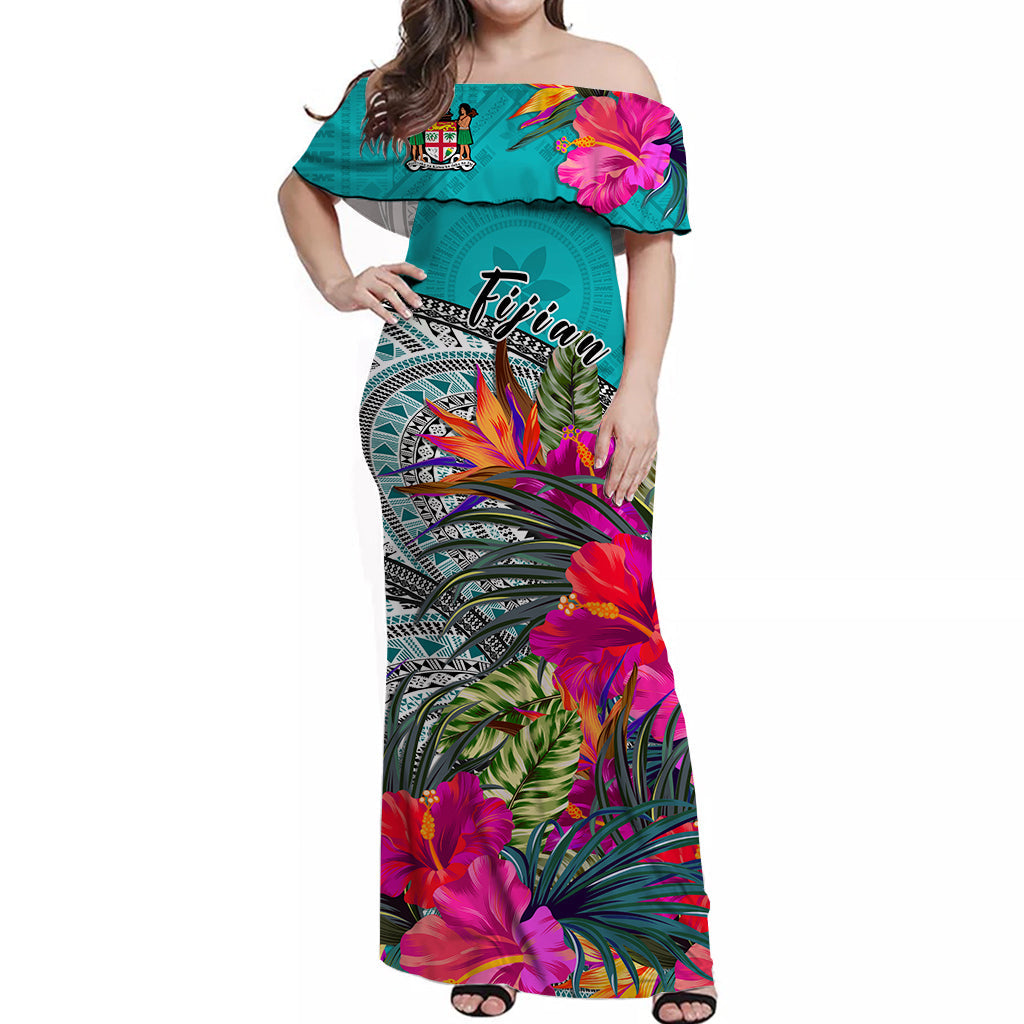 Custom Personalised Fiji Tapa Off Shoulder Long Dress Green Fijian Masi Be Loved Hibiscus