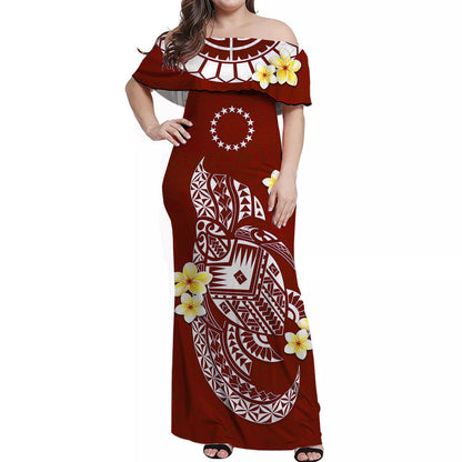 Cook Islands Tatau Off Shoulder Long Dress Symbolize Passion Stars Polynesian Turtle Red