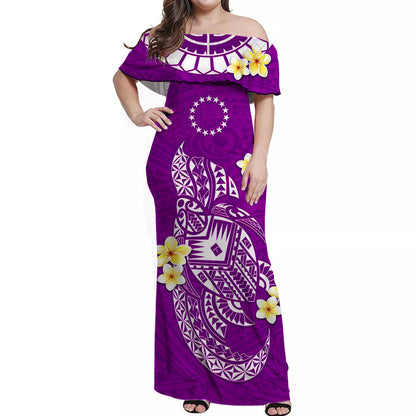 Cook Islands Tatau Off Shoulder Long Dress Symbolize Passion Stars Polynesian Turtle Purple