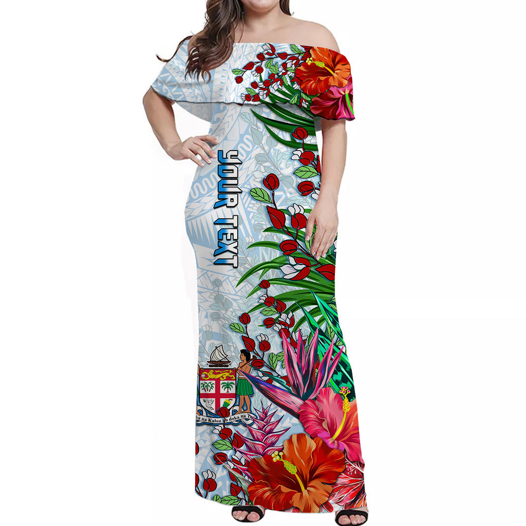 Custom Personalised Fiji Off Shoulder Long Dress Proud Fijian Tapa mix Tagimoucia Flowers