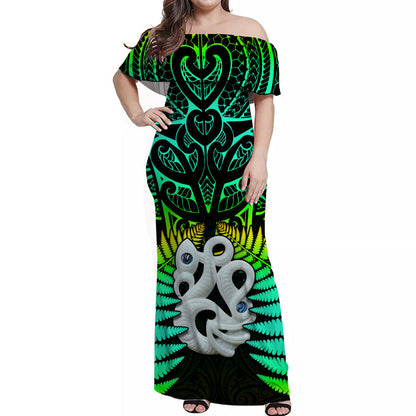 Aotearoa Fern Off Shoulder Long Dress New Zealand Hei Tiki Green Style