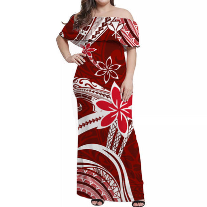 Custom Personalised Hawaii Flowers Wave Off Shoulder Long Dress Kanaka Maoli Red Polynesian