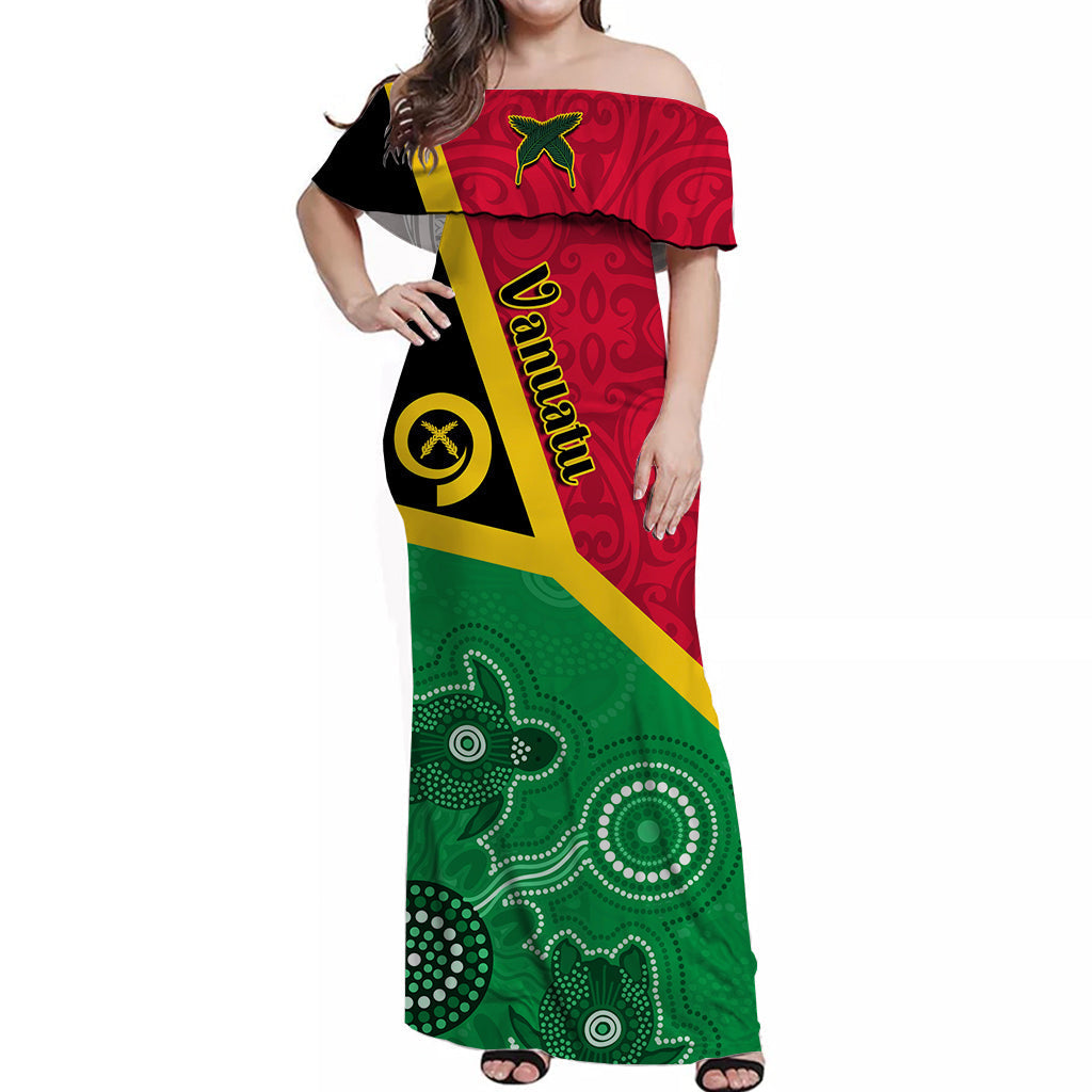 Vanuatu Off Shoulder Long Dress Aboriginal Turtle Mix Sand Drawing