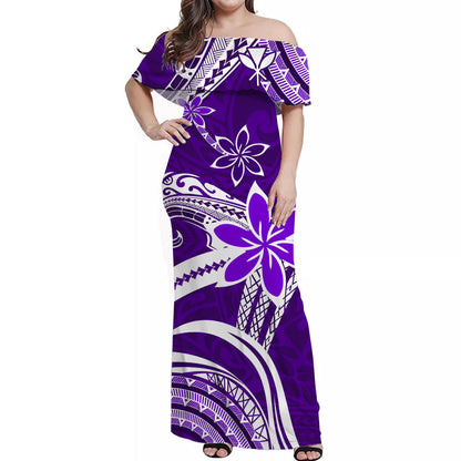 Custom Personalised Hawaii Flowers Wave Off Shoulder Long Dress Kanaka Maoli Purple Polynesian