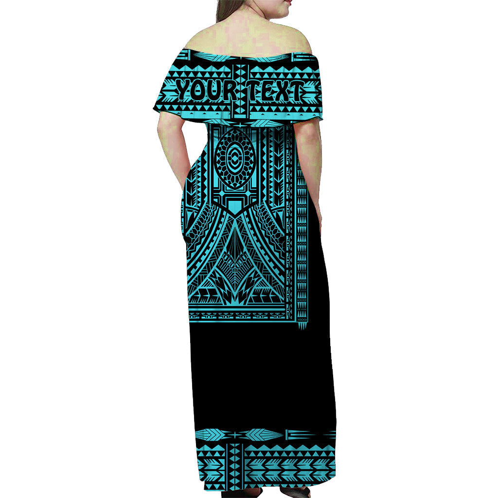 Custom Personalised Polynesian Off Shoulder Long Dress Dashiki With Polynesian Tattoo Royal Turquoise Version