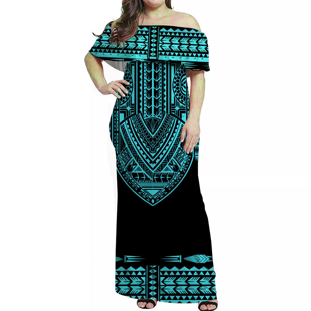 Custom Personalised Polynesian Off Shoulder Long Dress Dashiki With Polynesian Tattoo Royal Turquoise Version