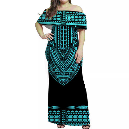Custom Personalised Polynesian Off Shoulder Long Dress Dashiki With Polynesian Tattoo Royal Turquoise Version