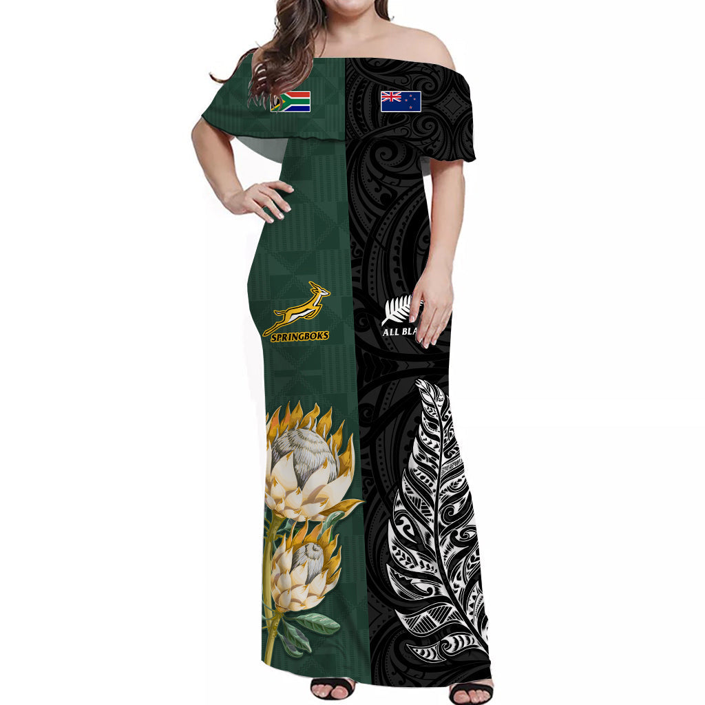South Africa Protea and New Zealand Fern Off Shoulder Long Dress Rugby Go Springboks vs All Black