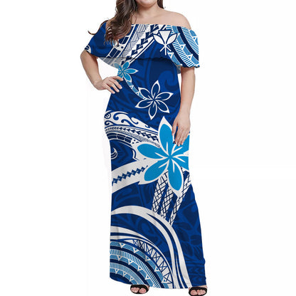 Custom Personalised Hawaii Flowers Wave Off Shoulder Long Dress Kanaka Maoli Blue Polynesian