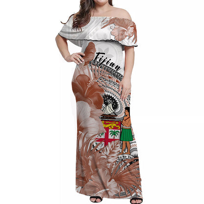 Custom Personalised Fiji Tapa Off Shoulder Long Dress White Fijian Masi Be Loved Hibiscus