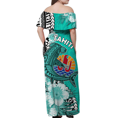 Tahiti Islands Off Shoulder Long Dress Polynesian Shark Mix Tropical Flowers Turquoise Style