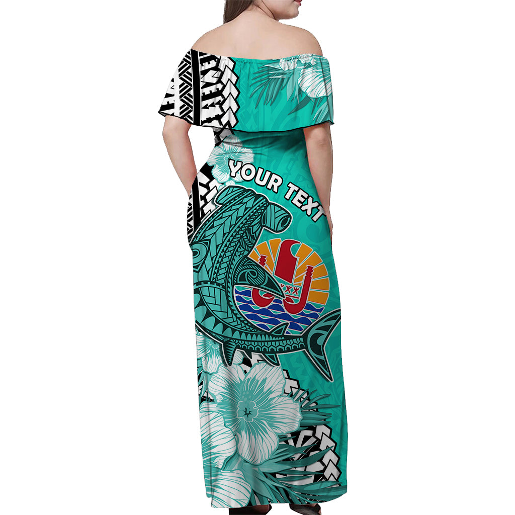 Custom Personalised Tahiti Islands Off Shoulder Long Dress Polynesian Shark Mix Tropical Flowers Turquoise Style