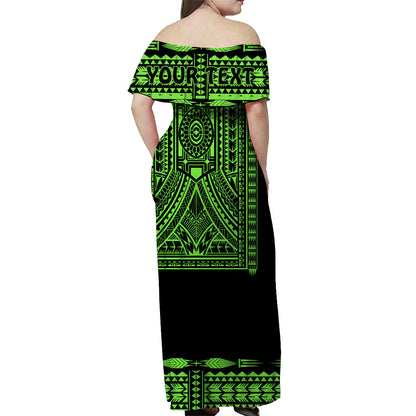 Custom Personalised Polynesian Off Shoulder Long Dress Dashiki With Polynesian Tattoo Royal Green Version
