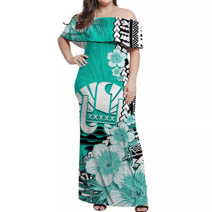 Custom Personalised Tahiti Islands Off Shoulder Long Dress Polynesian Shark Mix Tropical Flowers Turquoise Style